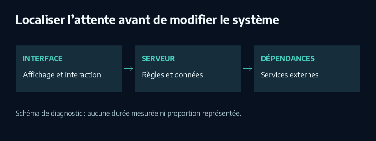 Chronologie de diagnostic distinguant affichage, serveur, données et intégration externe, sans durées mesurées.